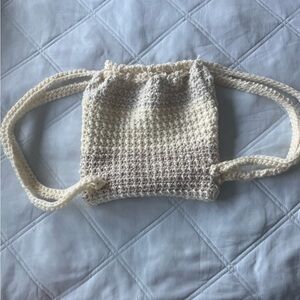 Cream and Tan Crocher Backpack with Drawstring Closure